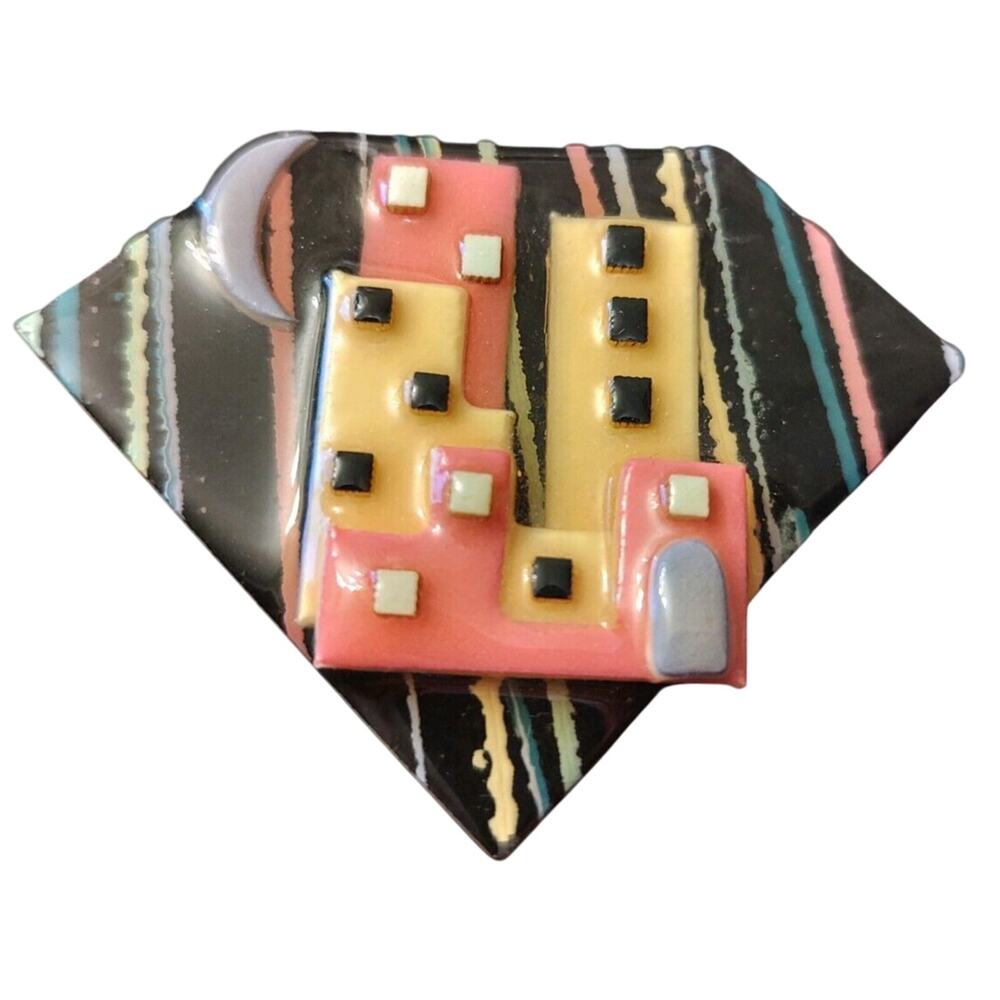 Vintage LUCINDA HOUSE PIN Brooch Tall buildings, modern, moon